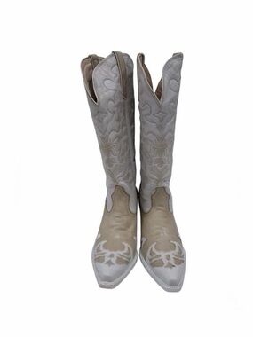 🤍 Lane Leather Western Cowboy Boots Cream/White & BLUE SOLES– Women’s Size 10 🤍
